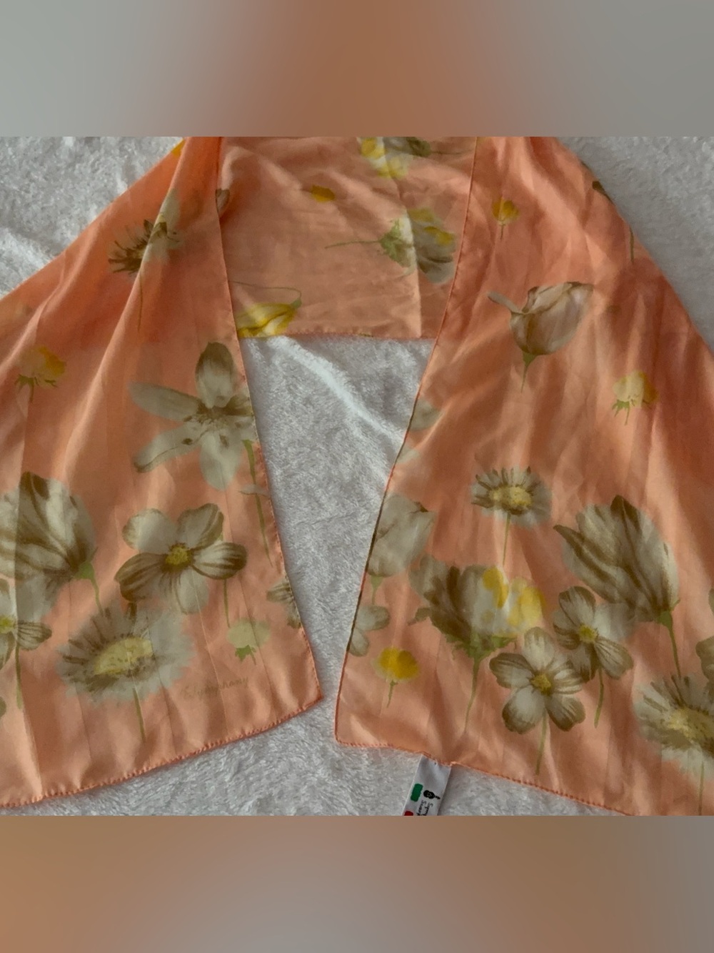 Vintage Symphony Peach Watercolor White & Yellow Flowers Chiffon Scarf Italy